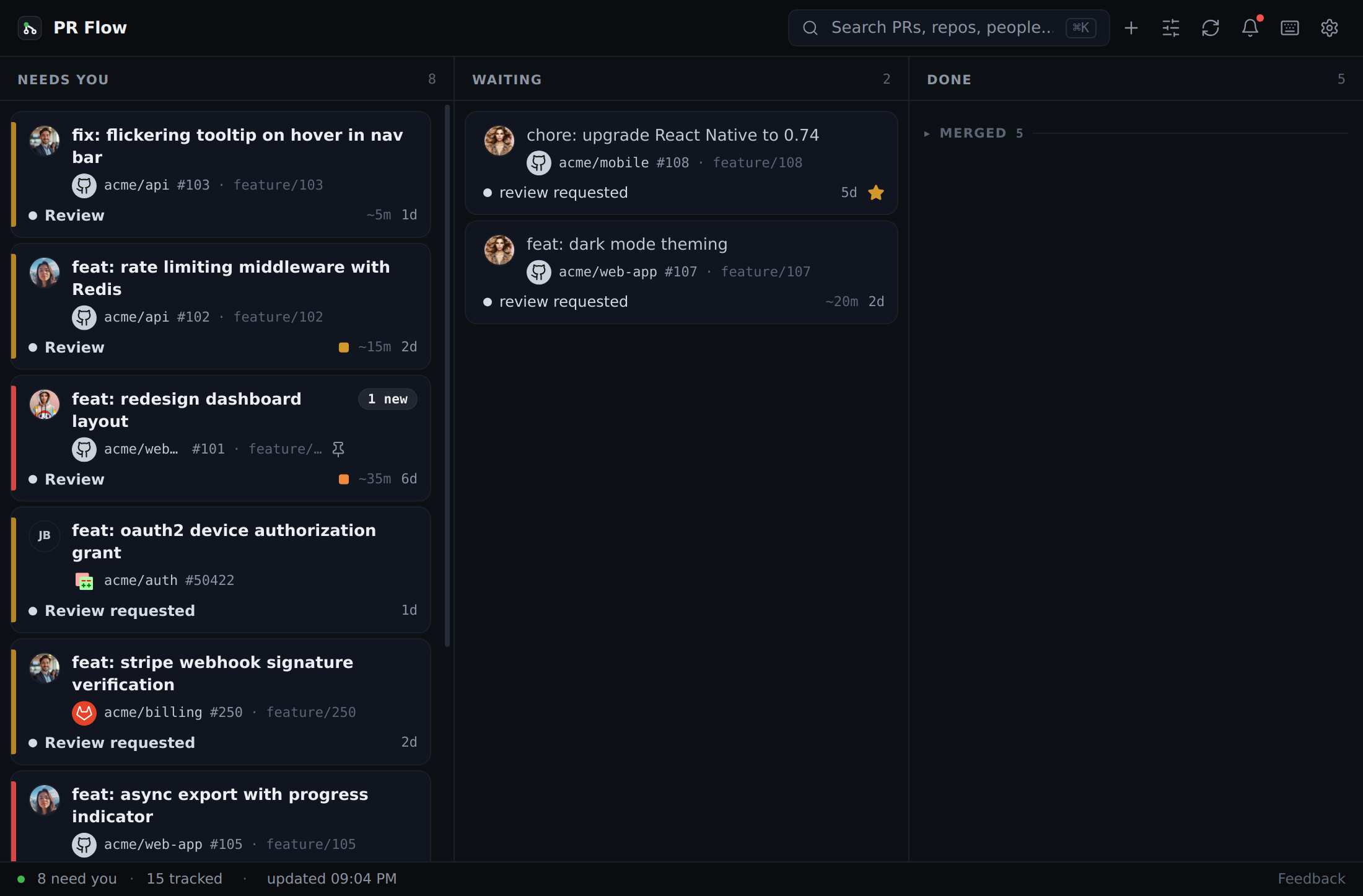 PR Flow board view showing pull requests as To Review, Reviewing, Waiting and Done columns