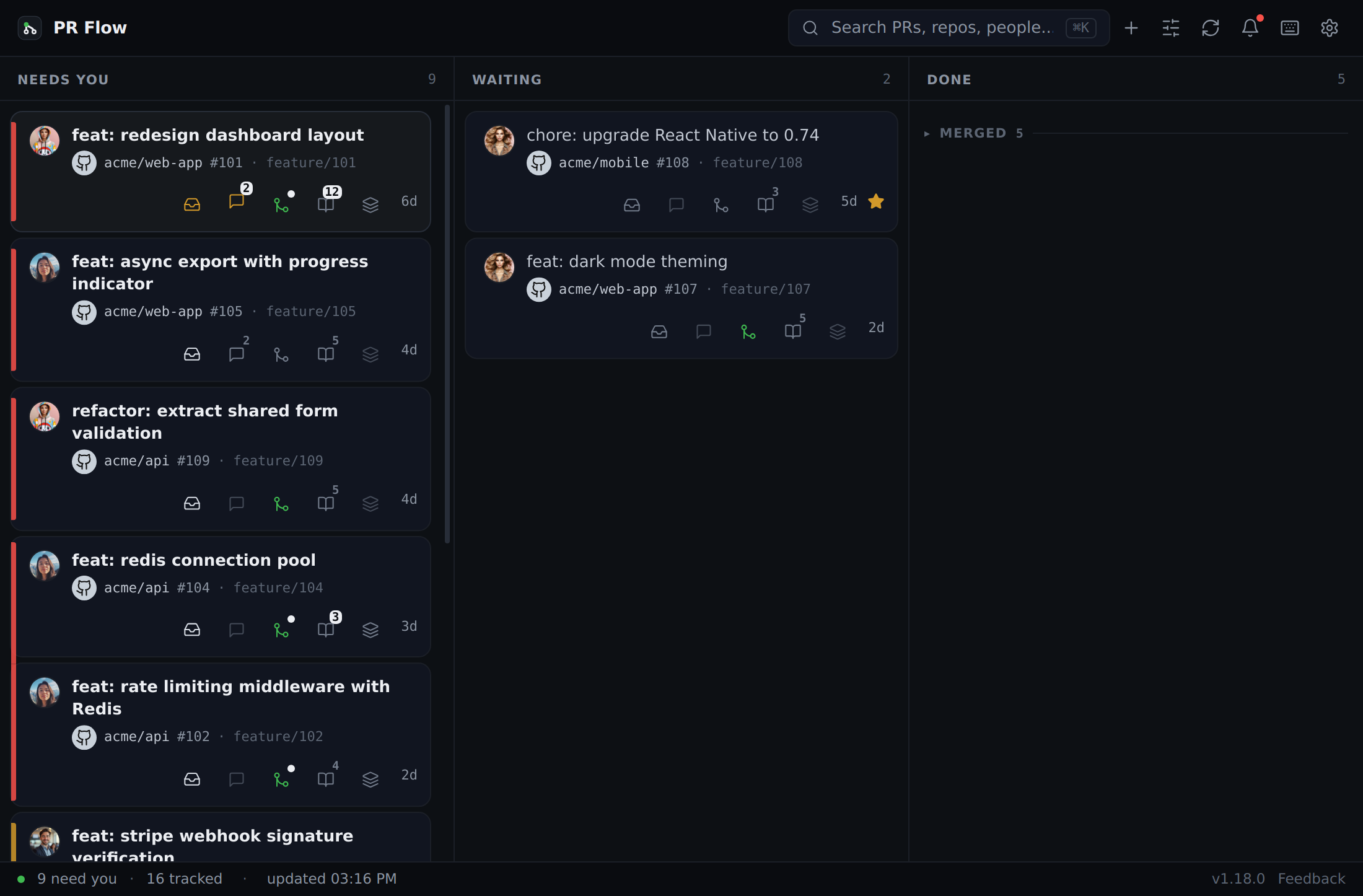 PR Flow board view showing pull requests as To Review, Reviewing, Waiting and Done columns