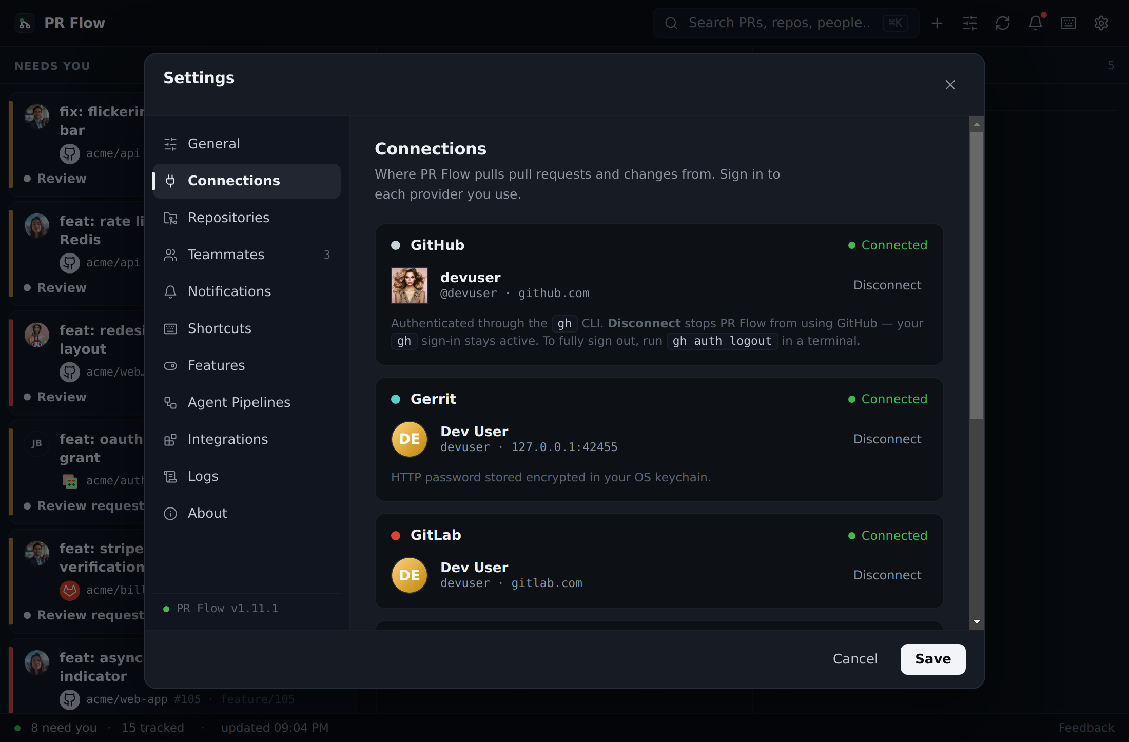PR Flow settings screen for connecting GitHub, GitLab or Gerrit and tuning notifications