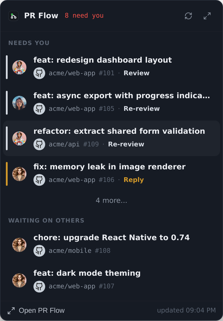 PR Flow menu-bar tray glance popover