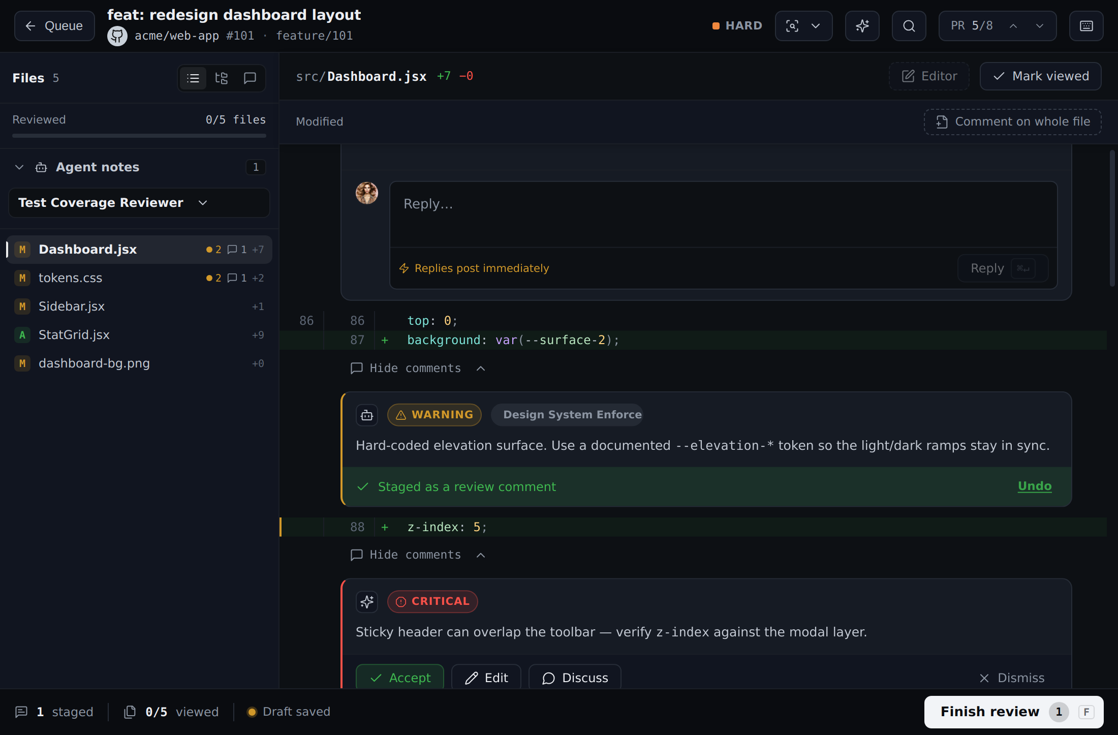 PR Flow in-app review cockpit — a unified diff with an AI finding pinned to a line and the pending-review bar