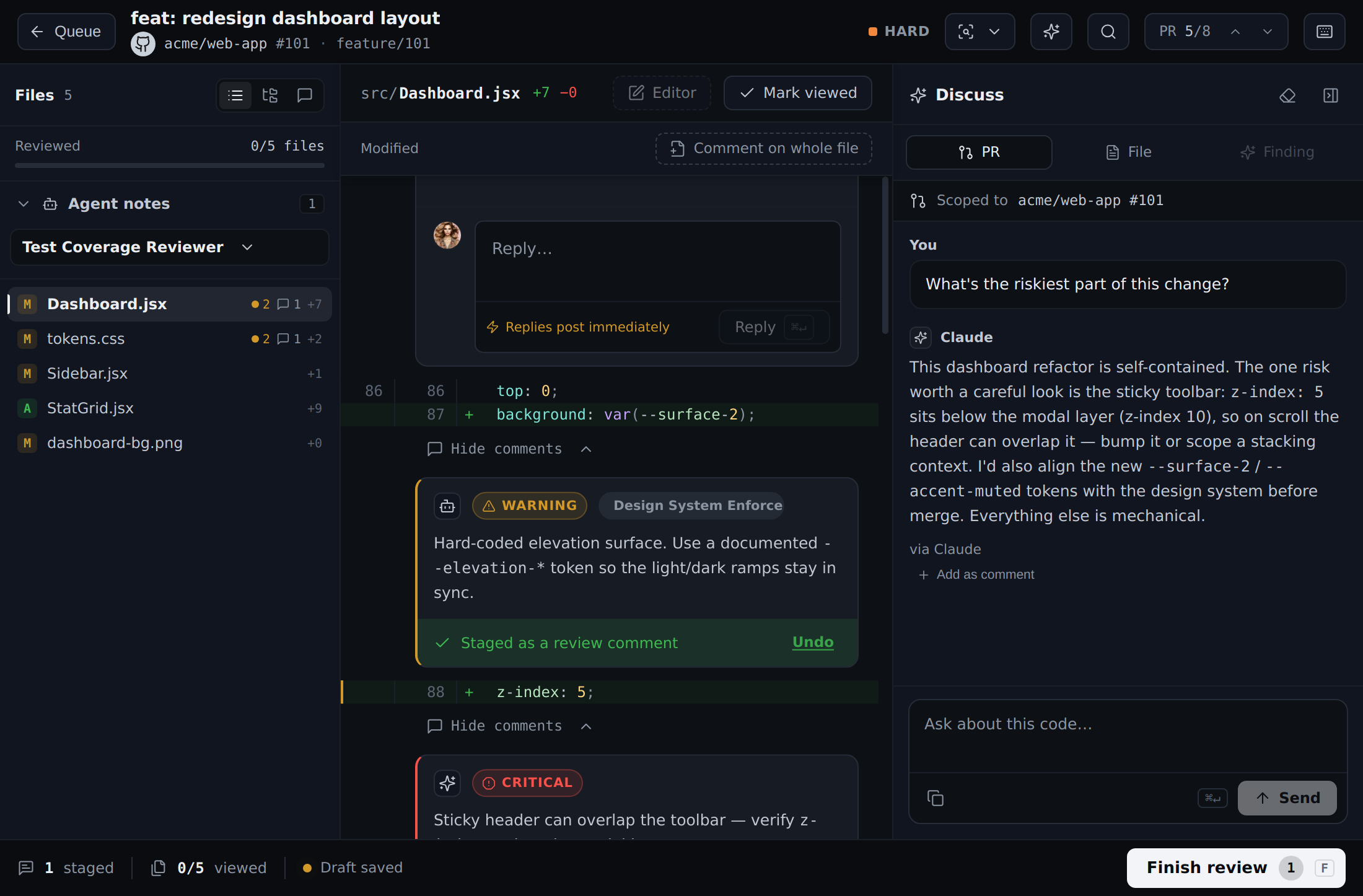 PR Flow discuss-with-AI panel inside the review route, answering a question about the diff