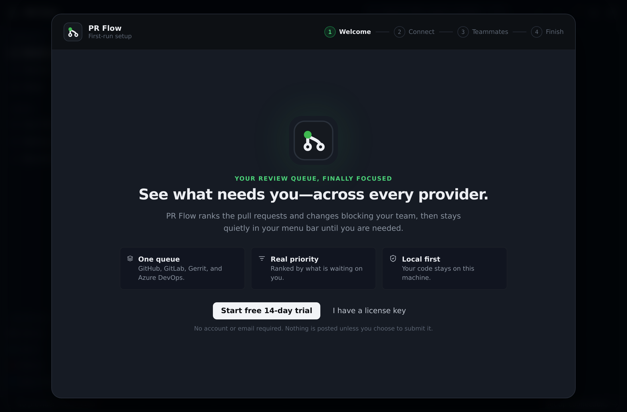 First-run licensing in the onboarding wizard