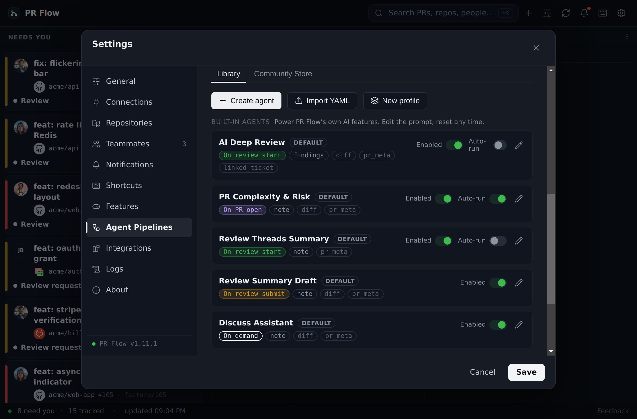 The Agent Pipelines list — built-in default agents with their triggers, plus enable and auto-run toggles