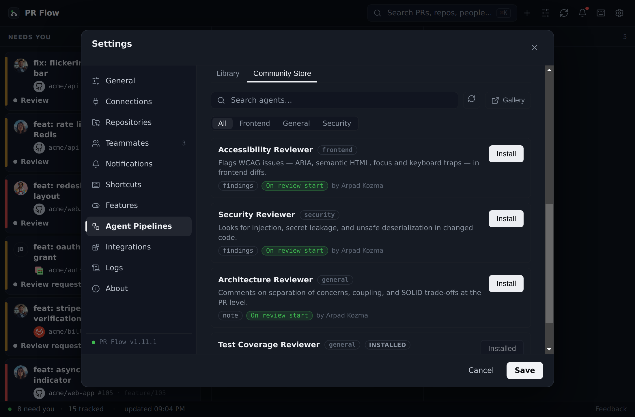 PR Flow Community Store — shared review agents with install buttons and a link to the web gallery