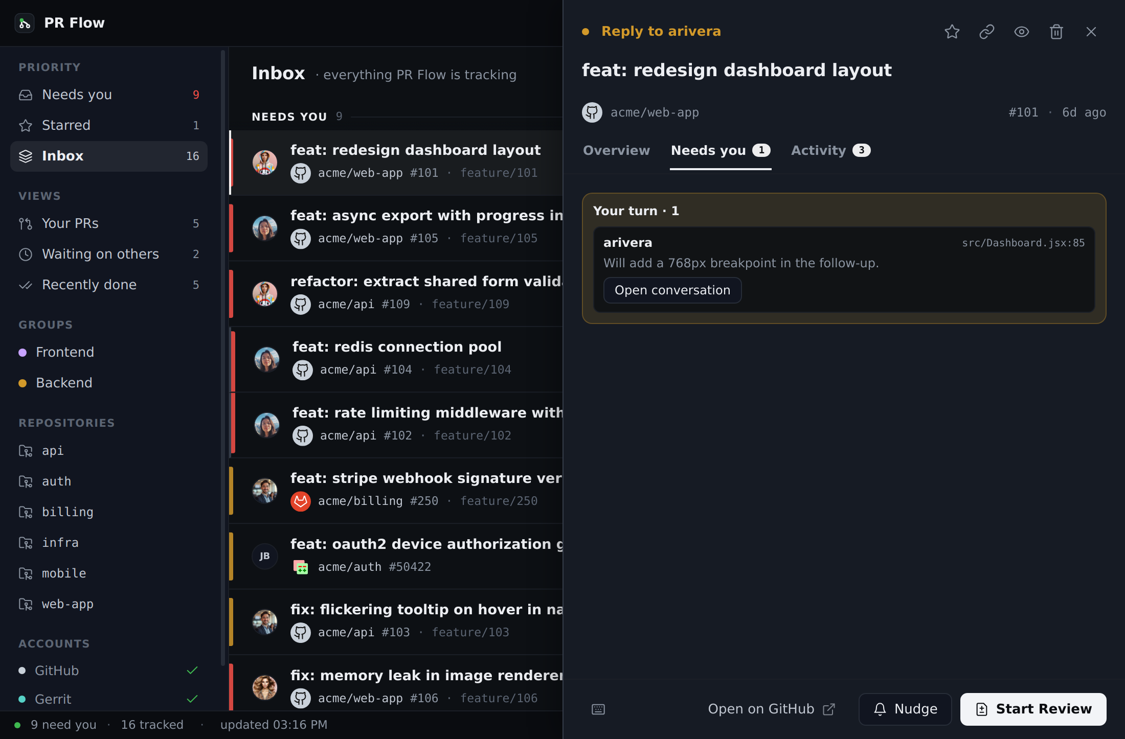 The Needs you tab in PR Flow's pull request detail, listing each outstanding item with its evidence