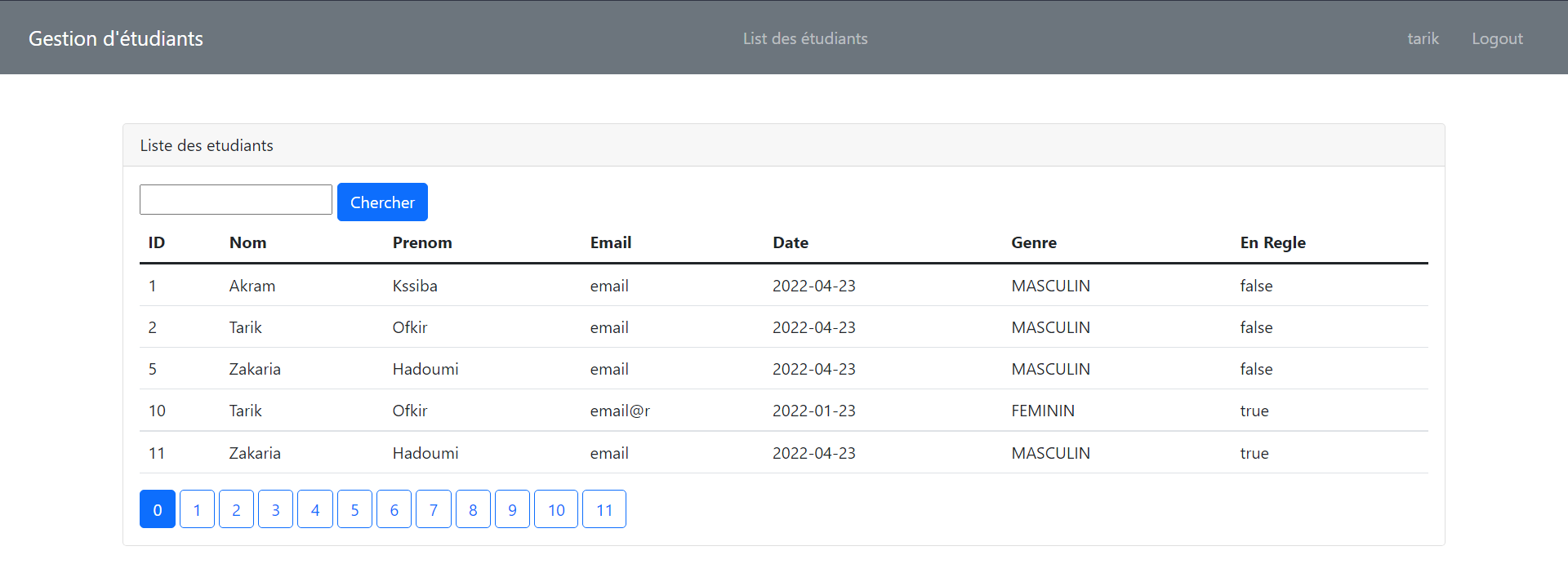 liste des etudiant as admin