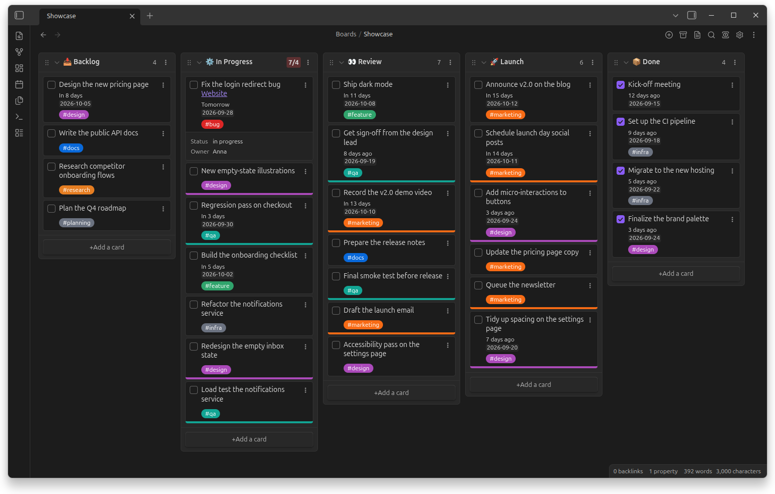 A Kanban board in Obsidian