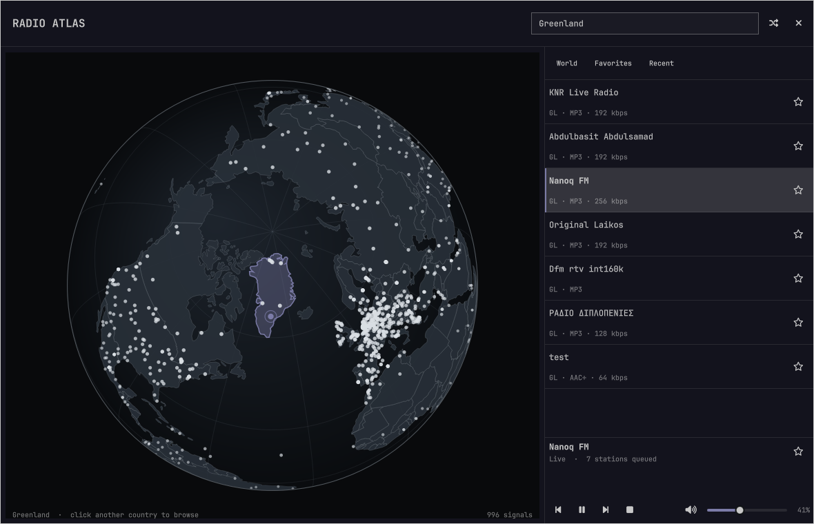 Radio Atlas showing live stations across the globe