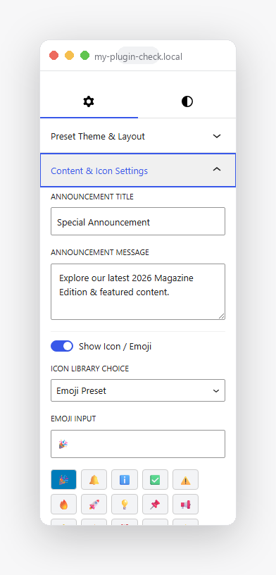 Notification Banner's block editor Settings panel