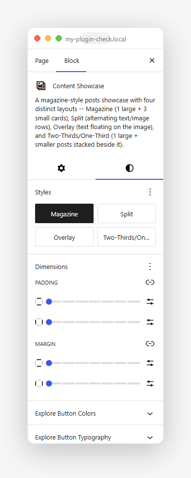 Content Showcase's Styles panel -- layout picker