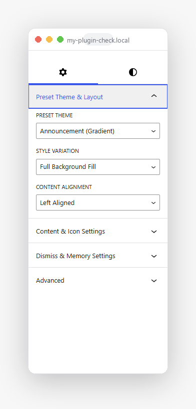 Notification Banner's Preset Theme and Style Variation picker