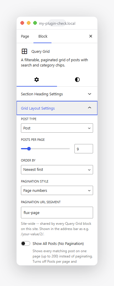 Query Grid's block editor Settings panel