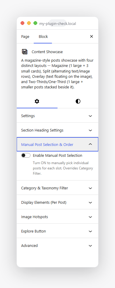 Content Showcase's block editor Settings panel