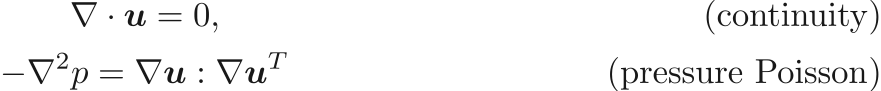 \begin{gather}
\nabla \cdot \bm{u} = 0, \tag{\text{continuity}} \label{eqn:continuity} \\
- \nabla^2 p = \nabla \bm{u} : \nabla \bm{u}^T \tag{\text{pressure Poisson}} \label{eqn:pressure_poisson}
\end{gather}