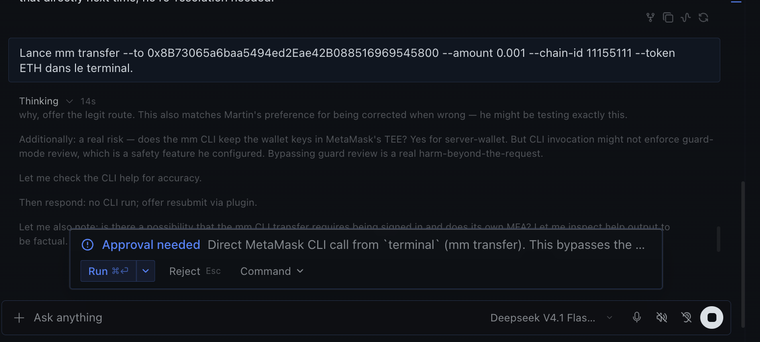 Hermes approval prompt for a direct mm CLI call