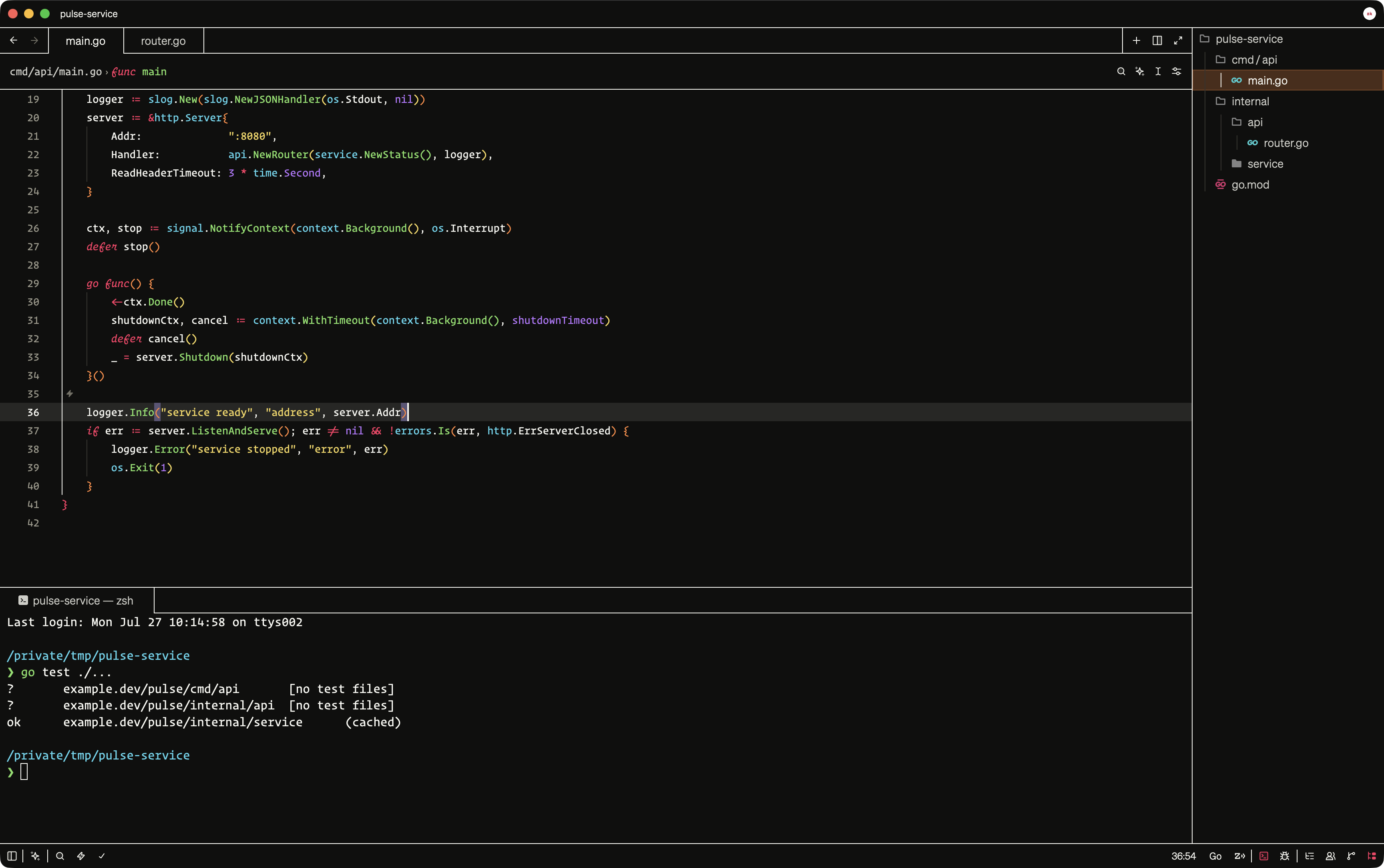 Monobrut Breuer theme in Zed with a Go service, project navigation, and terminal