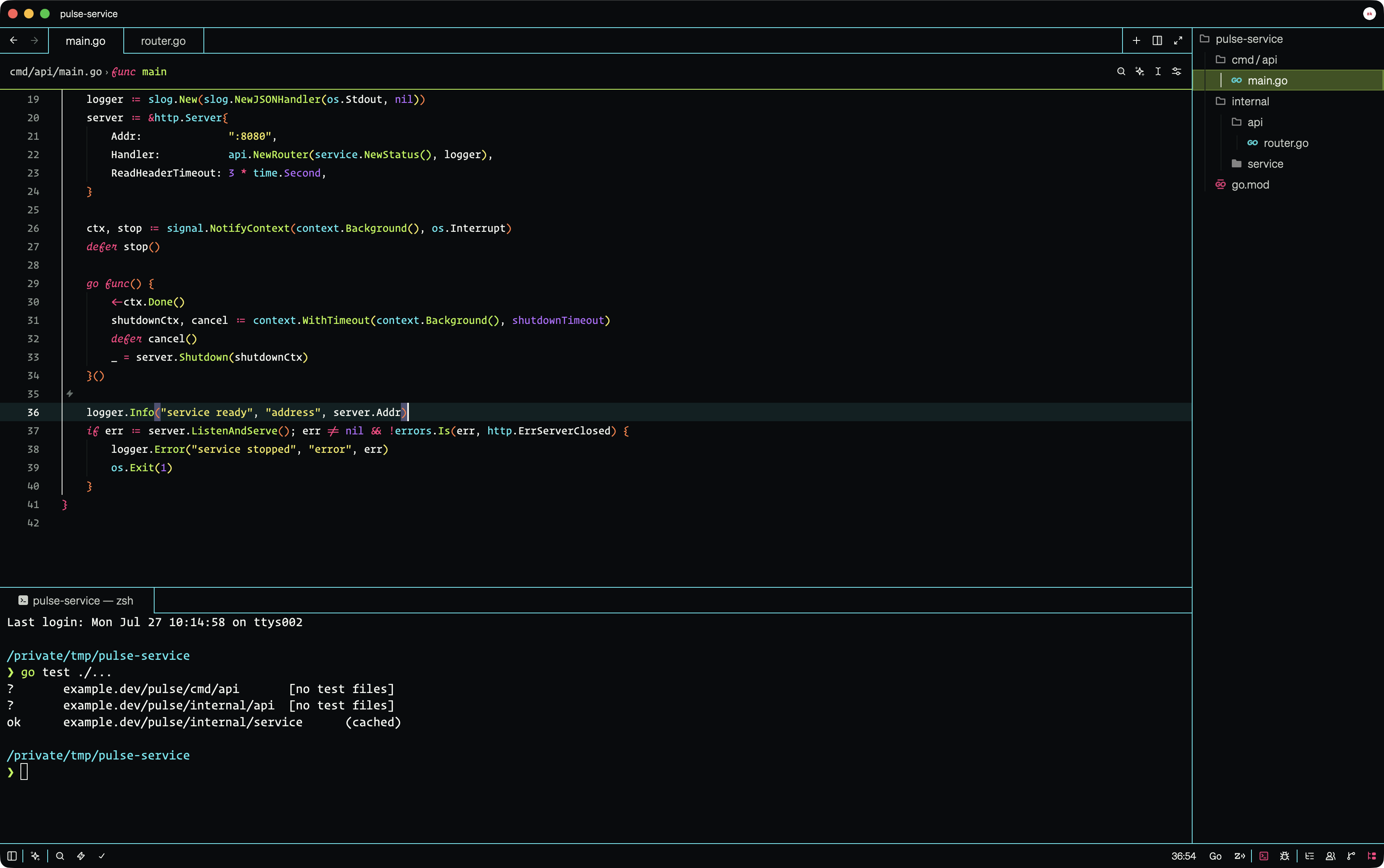 Monobrut Säure theme in Zed with a Go service, project navigation, and terminal
