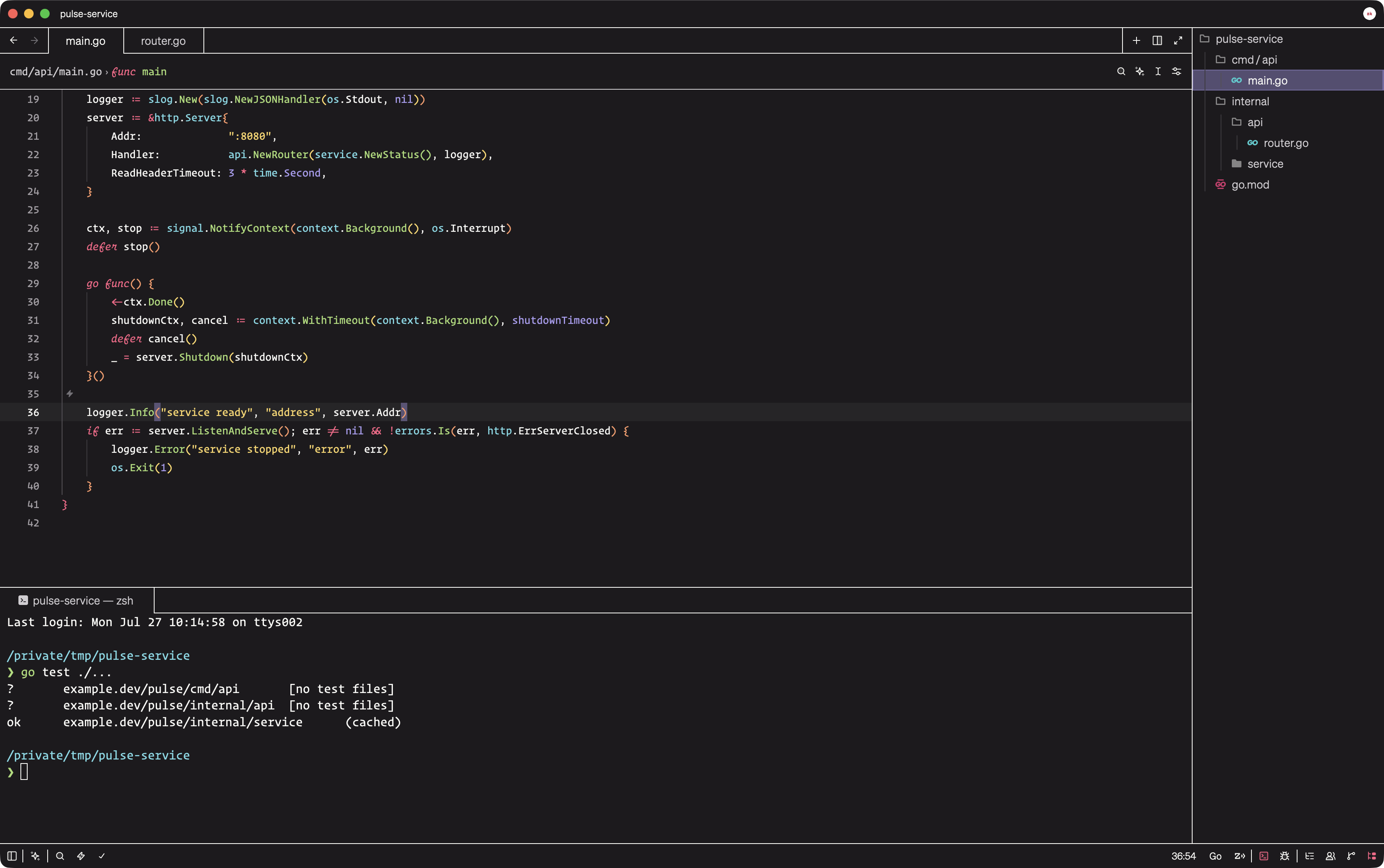 Monobrut default theme in Zed with a Go service, project navigation, and terminal