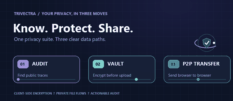 Trivectra animated overview: Audit, Vault, and P2P Transfer