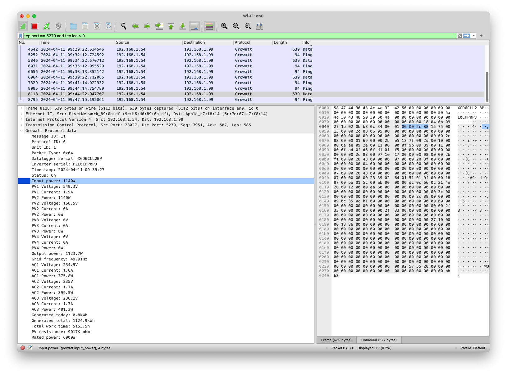 Wireshark screenshot with Growatt data