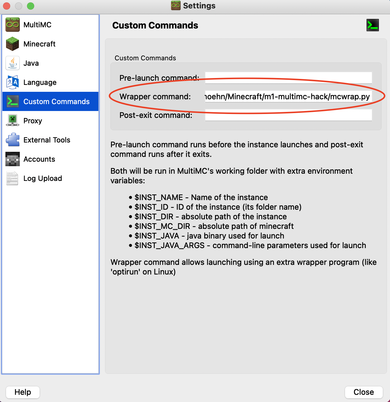 Screenshot of Custom Commands tab, with Wrapper Command box highlighted