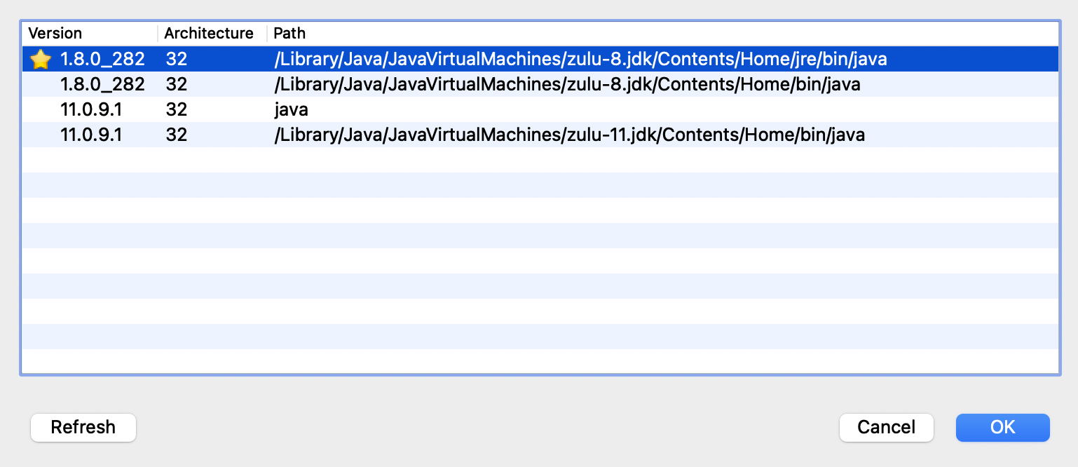 Screenshot of JVM list with correct JVM highlighted