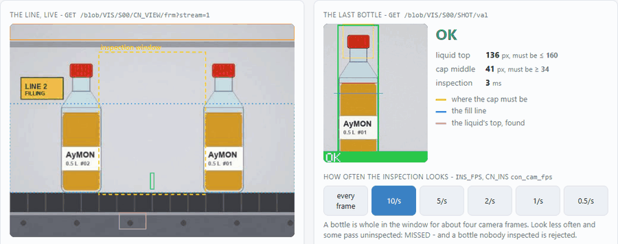 A filling line on camera: each bottle inspected, a bottle without a cap rejected