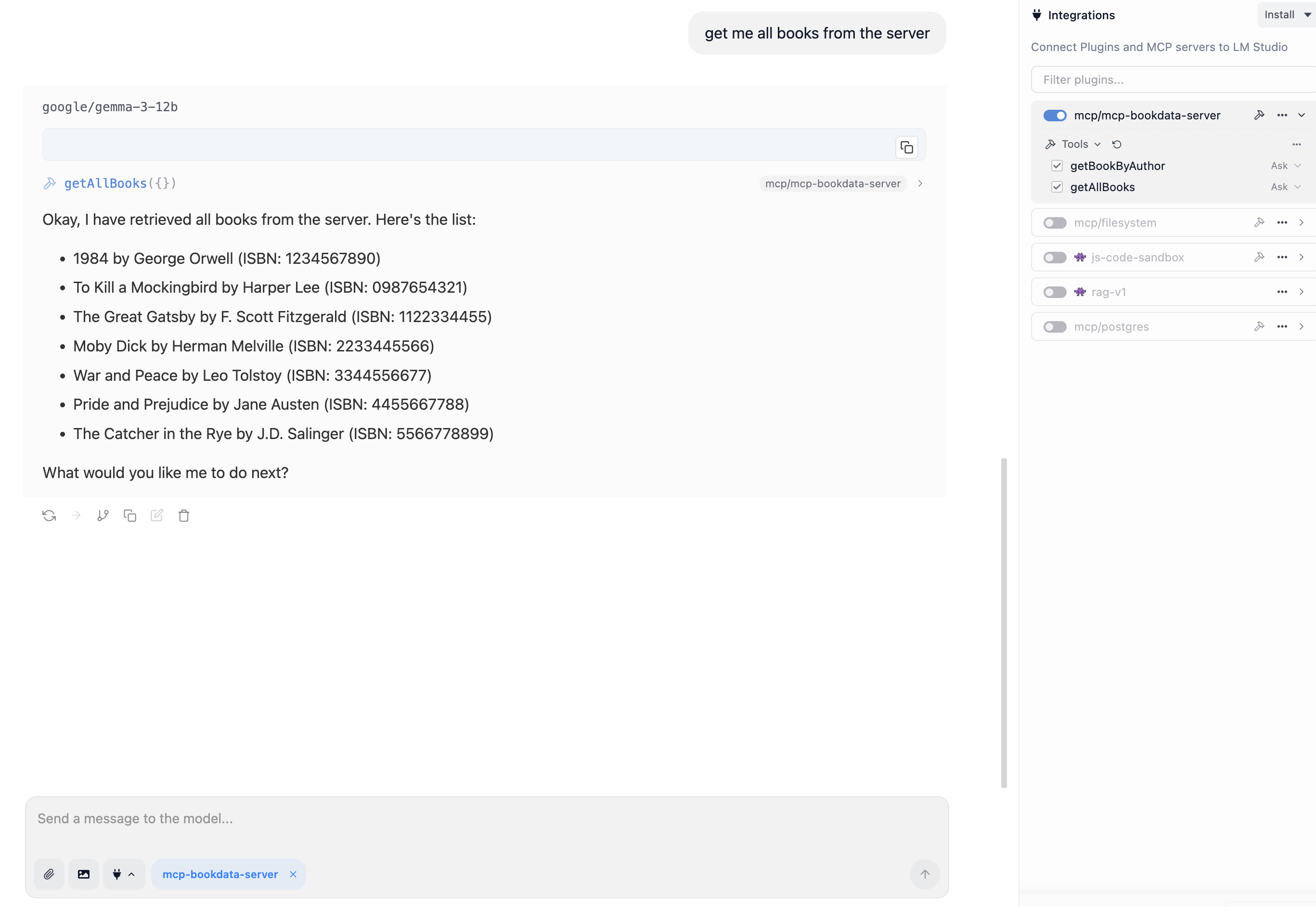 Querying books from the mcp server screenshot