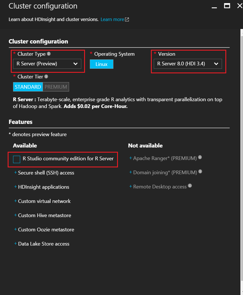 Cluster name and subscription selections