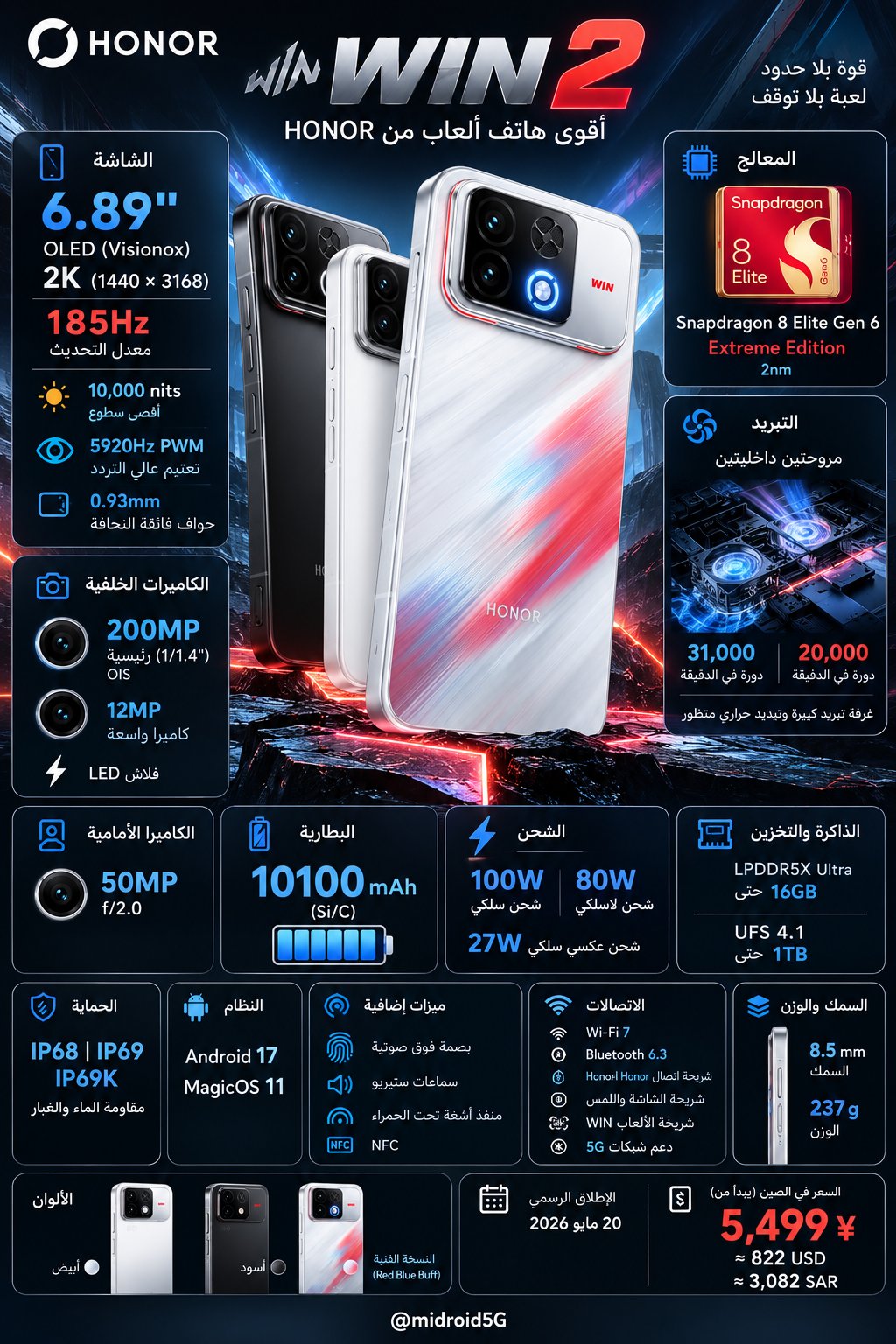 إنفوجرافيك مواصفات HONOR WIN 2