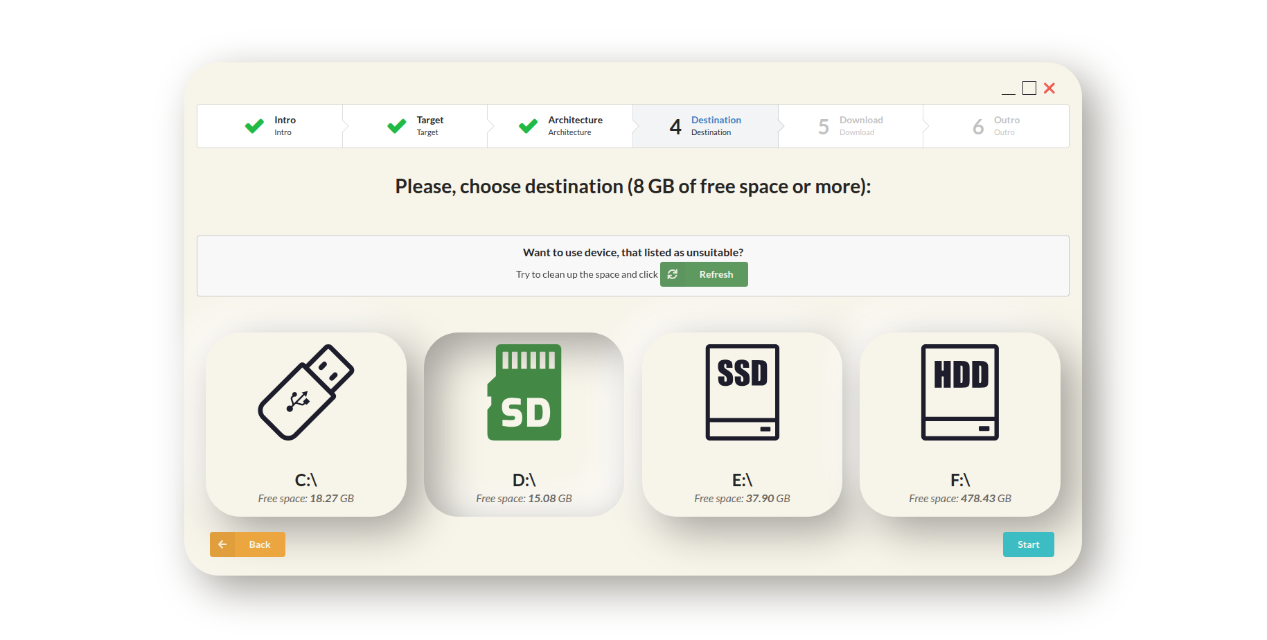 Screen with destination selection option