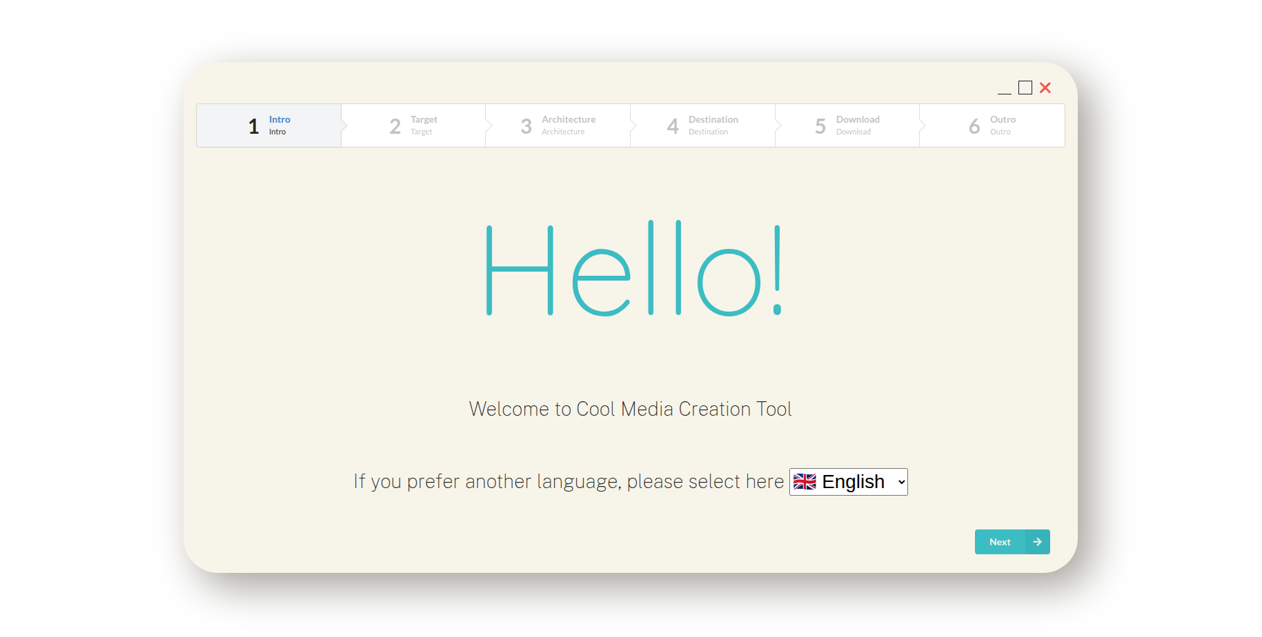 Greetings screen with language selection option
