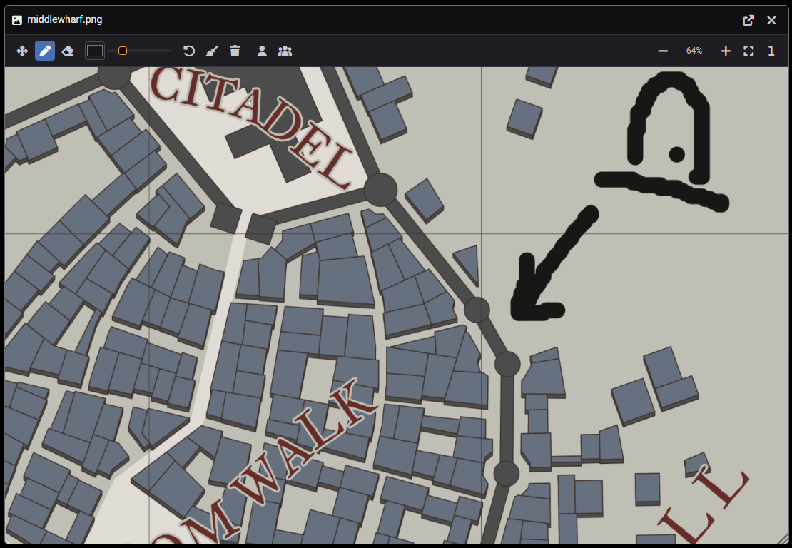 Arrows and notes drawn over a shared city map, zoomed in