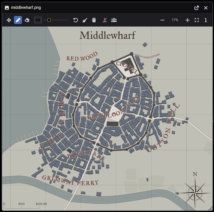 A city map open in the resizable viewer window, fit to the window