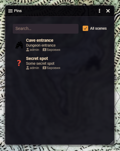 Legend panel listing every pin, with search
