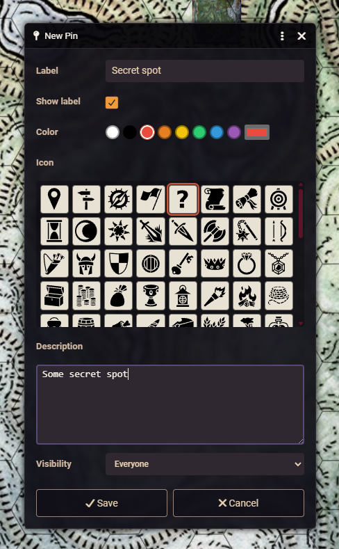 Creating a pin: label, color, icon grid, description and visibility