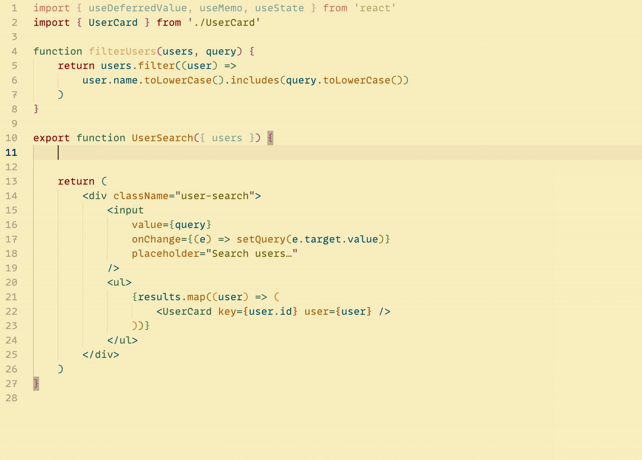 Building a search component with three snippets: ush expands to useState, udvh to useDeferredValue, and umh to useMemo