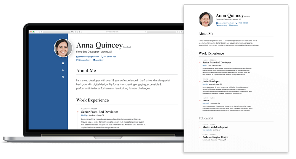 a preview of the generated résumé as a website and in print