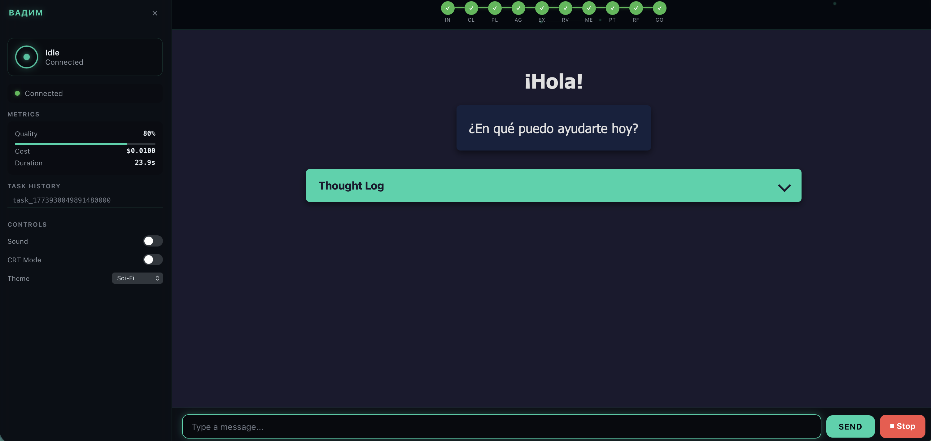 Kiosk UI — companion display with pipeline HUD, neural canvas, and real-time metrics