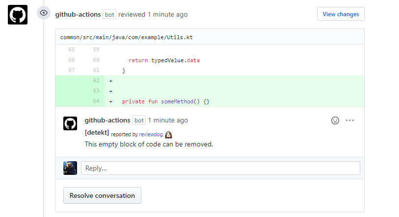 Example comment made by the action with github-pr-review