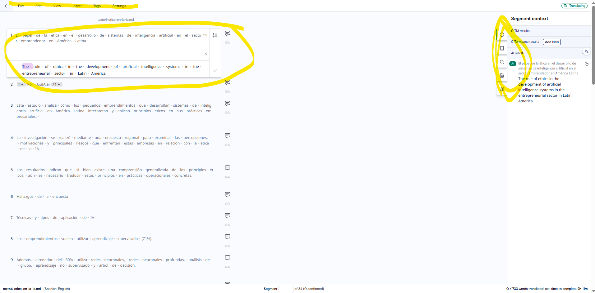 Editor de Traducción en Lilt