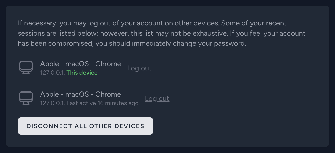 Screenshot of the component listing the active sessions in dark mode