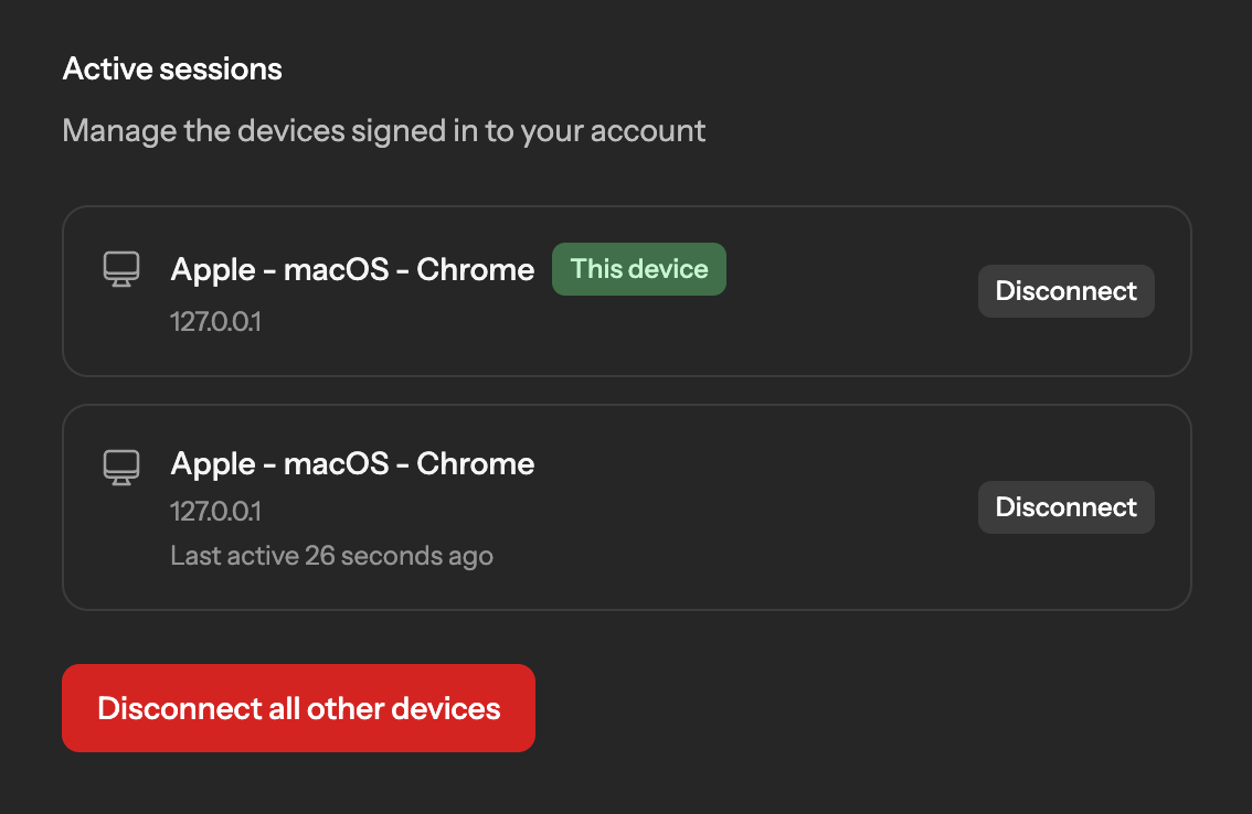 Screenshot of the component listing the active sessions in dark mode