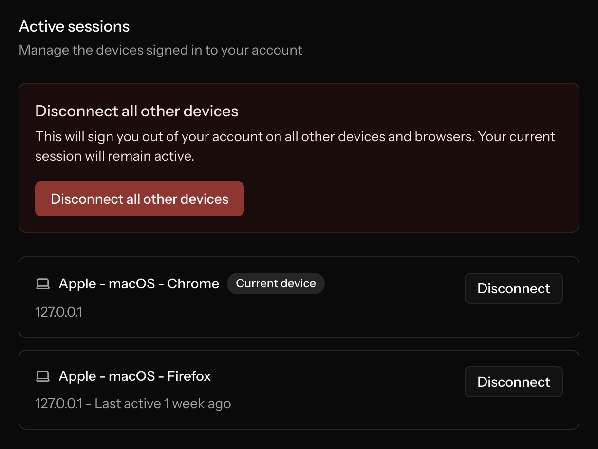 Screenshot of the component listing the active sessions in dark mode