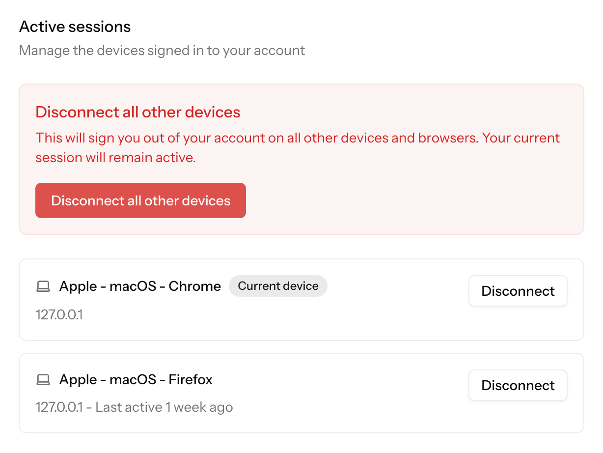 Screenshot of the component listing the active sessions in light mode