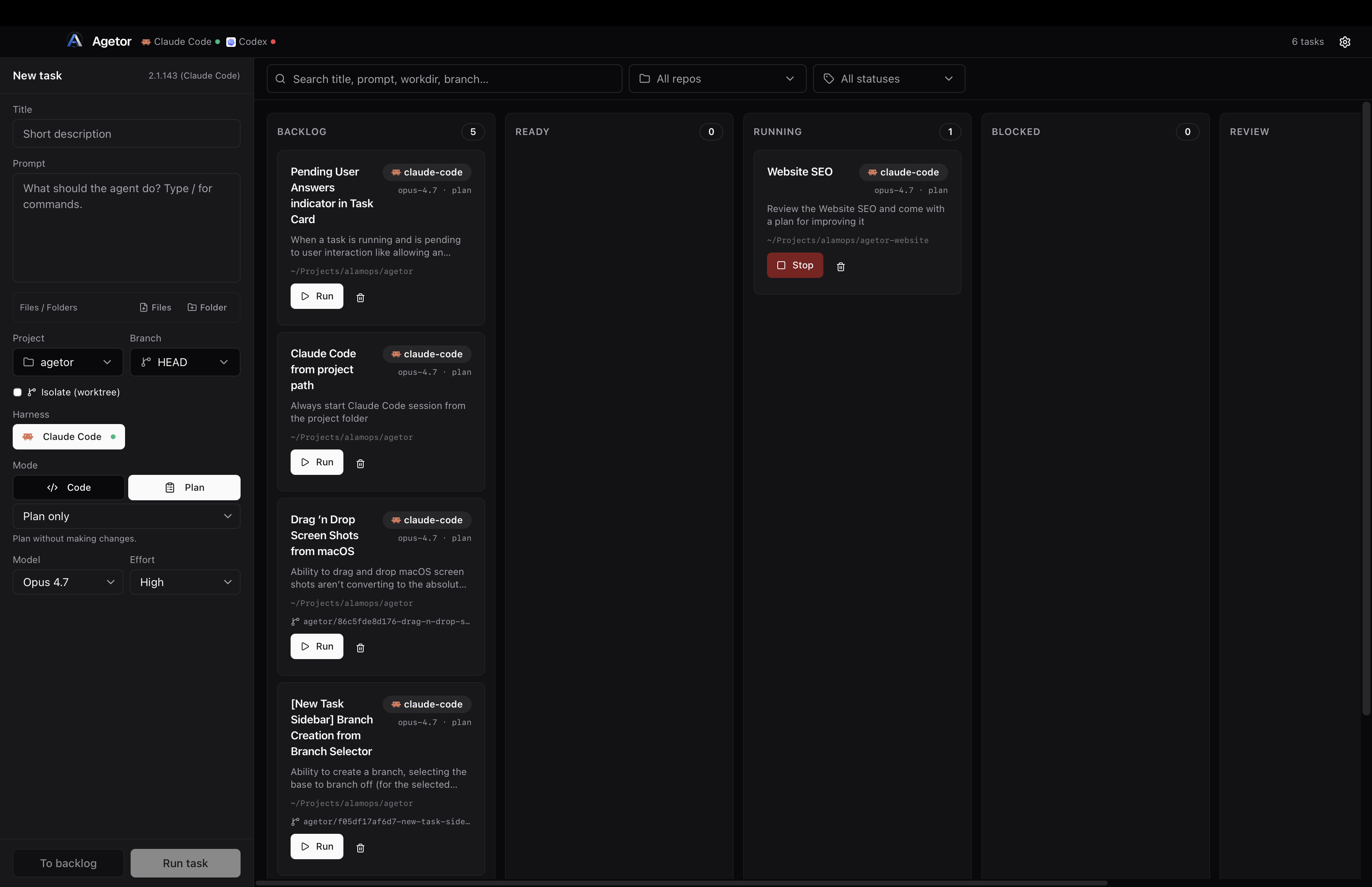 The Agetor board: tasks across Backlog, Running, Blocked and Review columns, with a live agent transcript open in the side panel