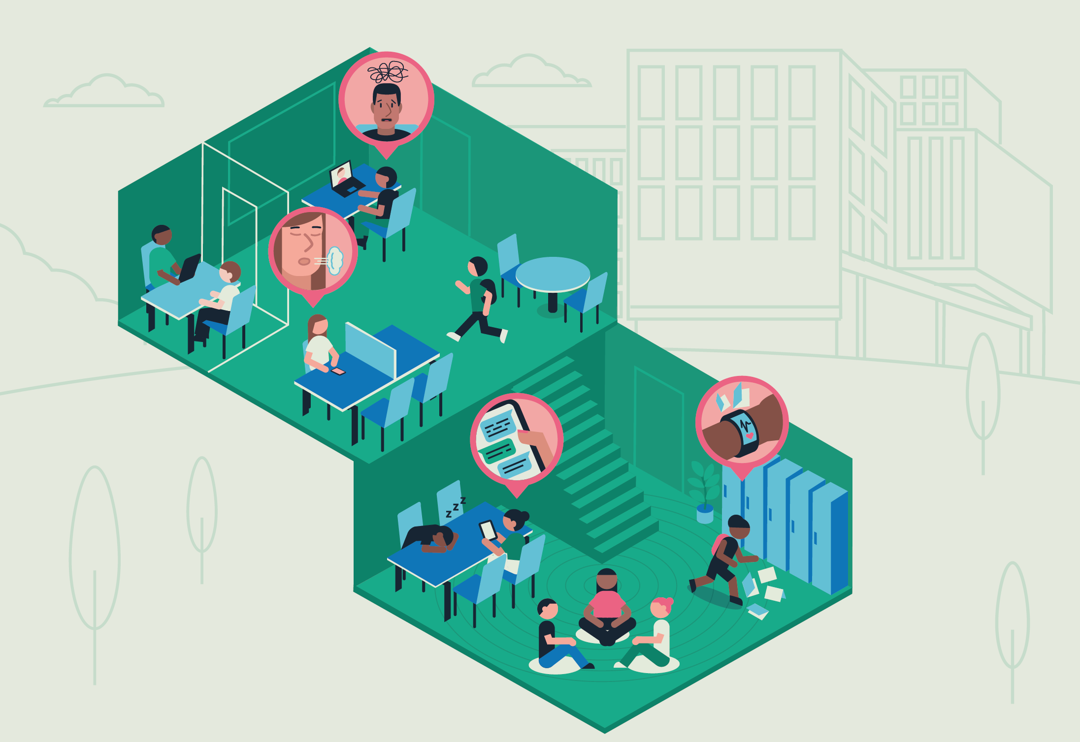 Isometric illustration of a University where students are using digital mental health technologies