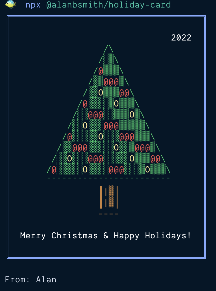an ASCII art Christmas tree with yellow bells and red ribbon
