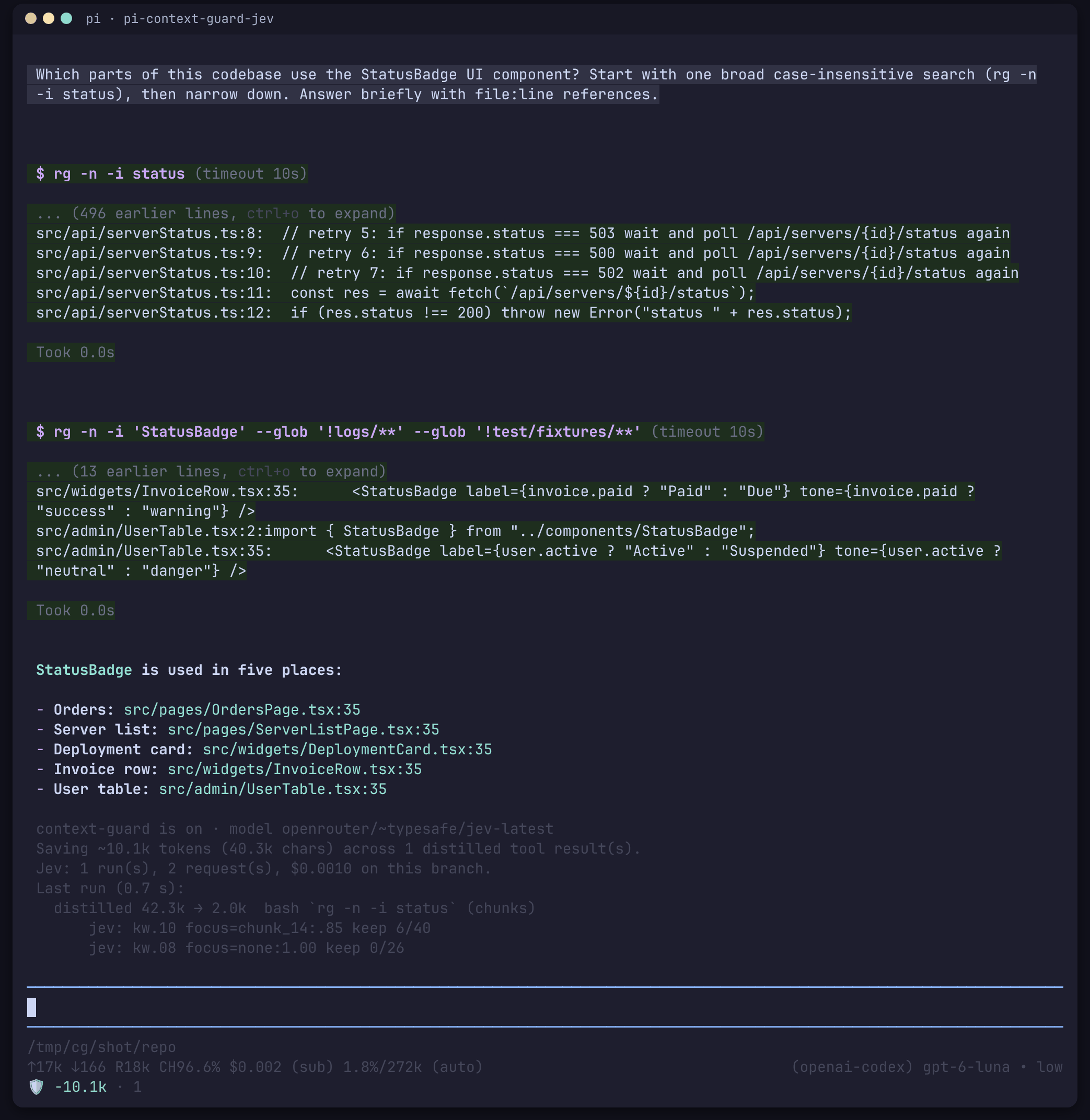 A 496-line search is distilled after the run; the footer shows about 10.1k tokens kept out of context